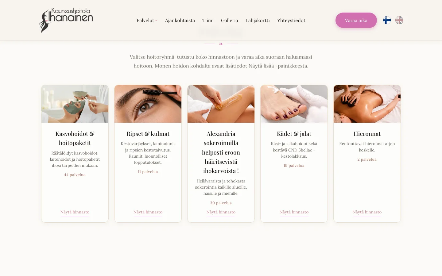 Ihanainen service categories with pricing