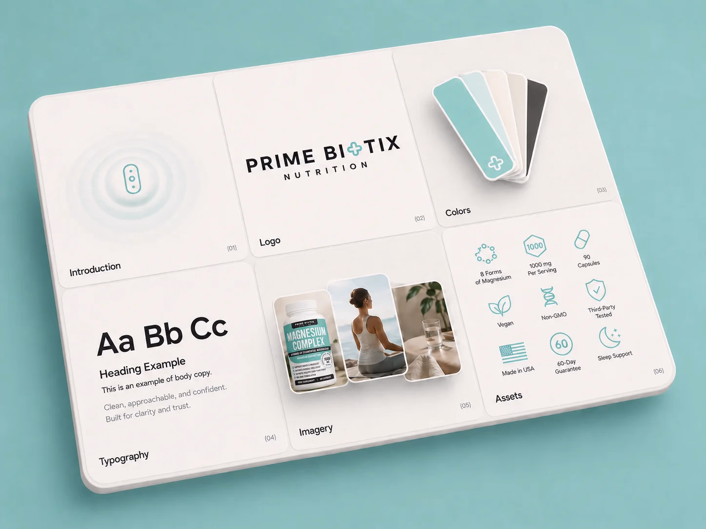 Prime Biotix brand book overview grid